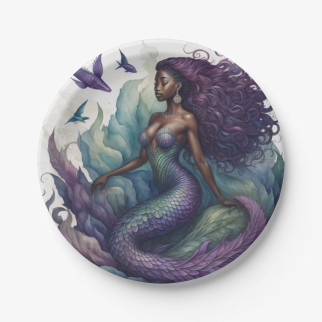 Black Mermaid Purple Paper Plate (Front)