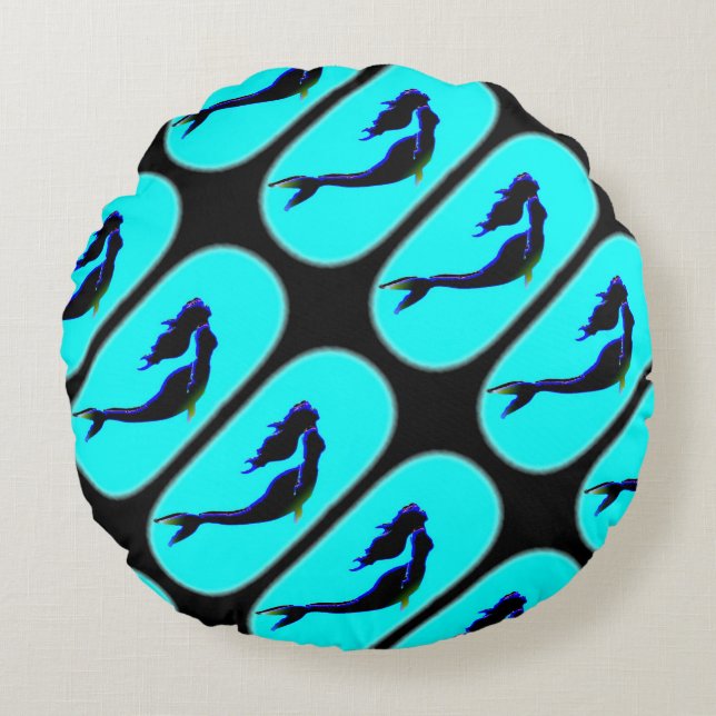 black mermaids swimming round cushion (Front)