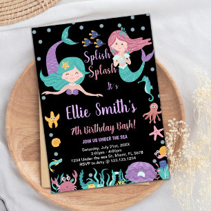 Black Mermaids Under the sea Birthday Invitations