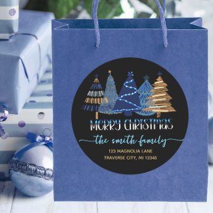 Black Merry Christmas blue Return address Classic Round Sticker