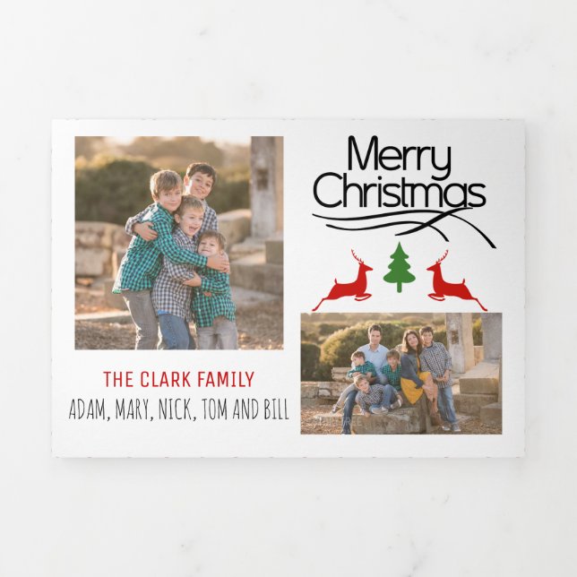 Black Merry Christmas, deer, tree pattern photo Tri-Fold Holiday Card (Cover)
