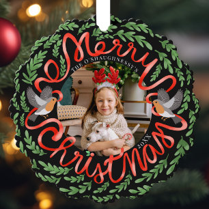 Black Merry Christmas Folk Foliage Wreath Photo Tree Decoration Card