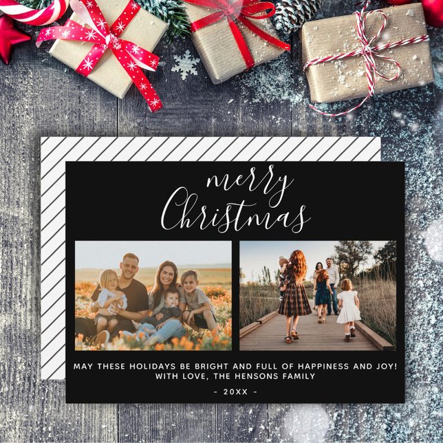 Black Merry Christmas Script Family Photo Collage Holiday Card (Creator Uploaded)