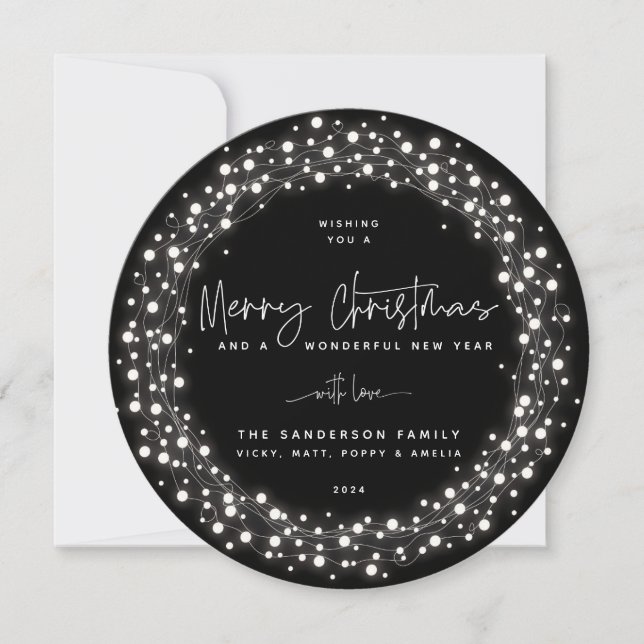 Black Merry Christmas Script Sparkling Lights Holiday Card (Front)