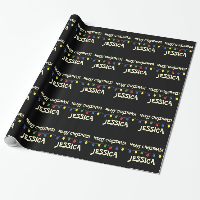 Black Merry Christmas tree lights wrapping paper (Unrolled)