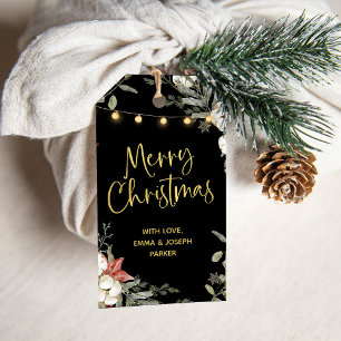 Black Merry Christmas   Winter Floral and Gold Gift Tags