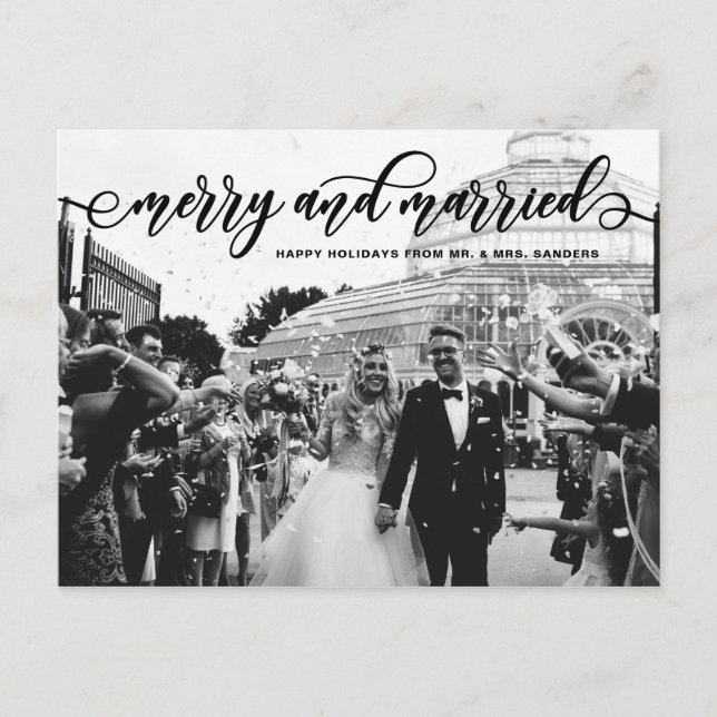 Black Merry & Married Calligraphy Wedding Holiday Postcard (Front)