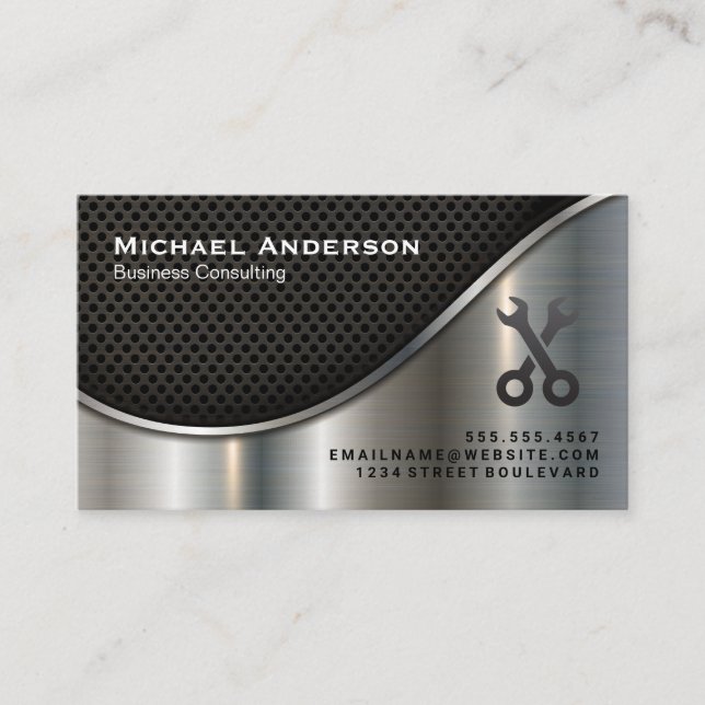 Black Mesh and Metallic Silver | Wrenches Business Card (Front)