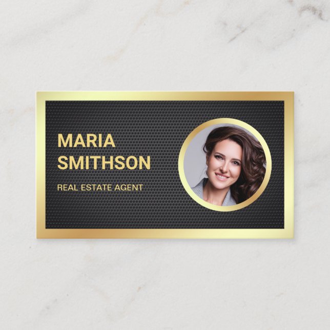 Black Mesh Gold Foil Photo Real Estate Agent Business Card (Front)