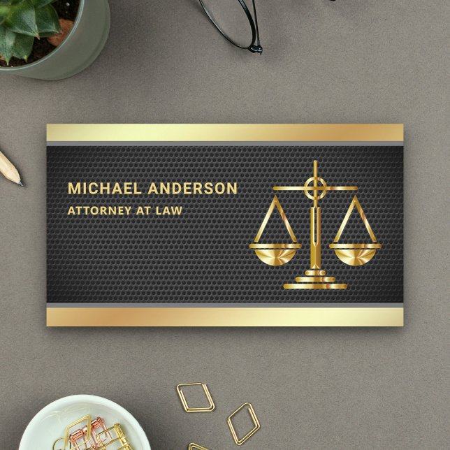 Black Mesh Gold Justice Scale Lawyer Attorney Business Card (Creator Uploaded)