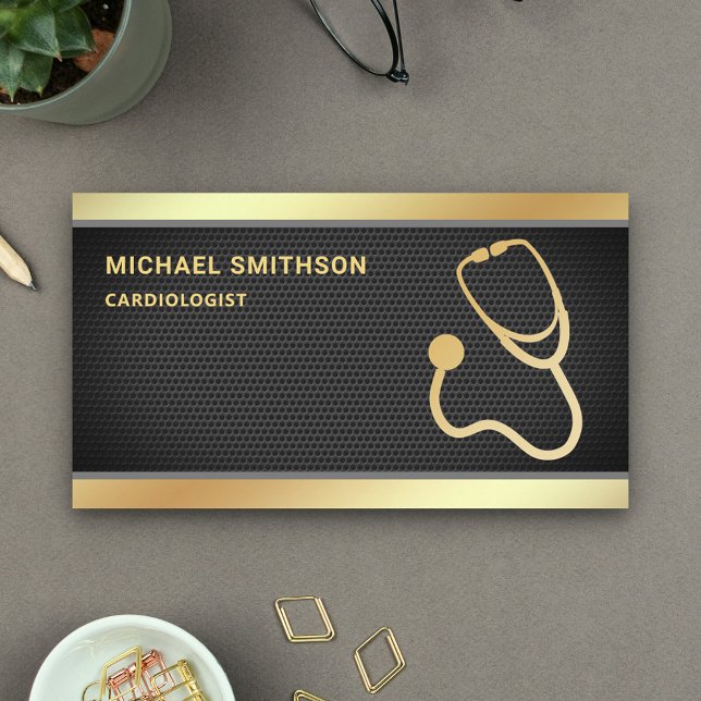 Black Mesh Gold Stethoscope Medical Professional Business Card (Creator Uploaded)