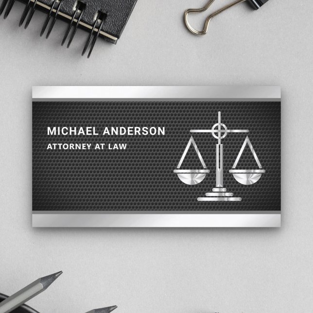 Black Mesh Silver Justice Scale Lawyer Attorney Business Card (Creator Uploaded)
