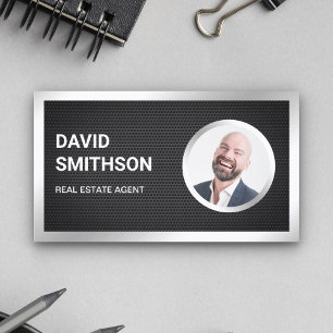Black Mesh Steel Silver Photo Real Estate Agent Business Card