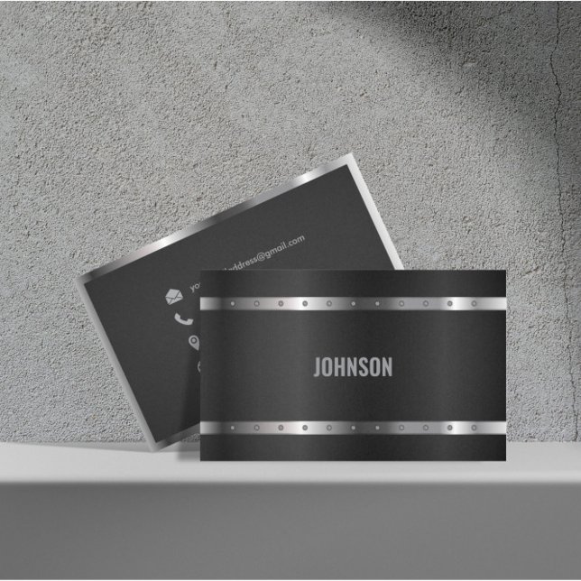 Black Metal Shiny Silver Modern Elegant Monogram Business Card (Creator Uploaded)