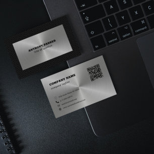 Black Metal Silver Background QR Code  Business Card