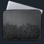 Black Metallic Background & Black Paisley Lace Laptop Sleeve<br><div class="desc">Black brushed aluminium print and black black paisley lace. Custom and optional monogram.</div>