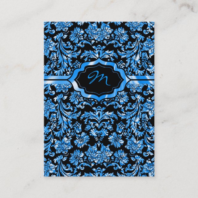 Black & Metallic Blue Floral Damasks Monogramed Business Card (Front)