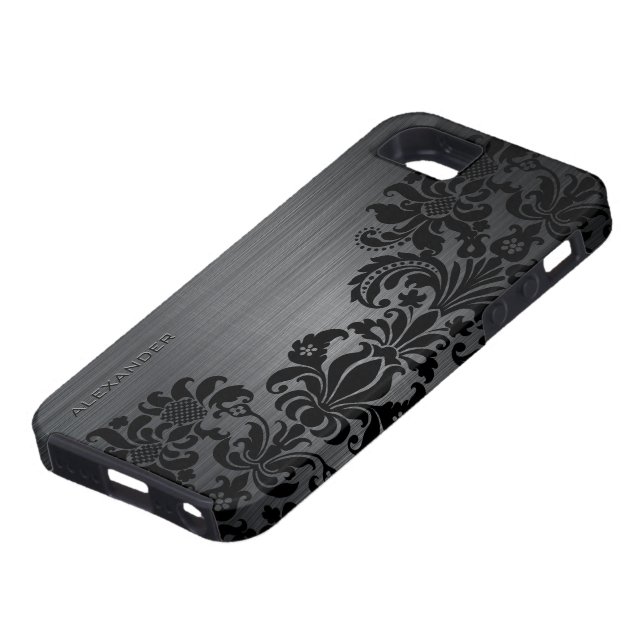 Black Metallic Brushed Aluminium & Floral Damasks Case-Mate iPhone Case (Bottom)