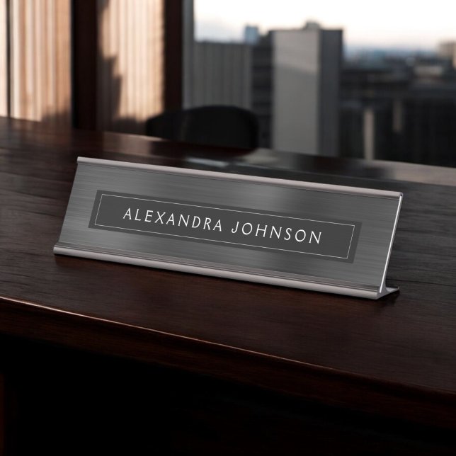 Black Metallic Foil Modern Elegant Business Desk Name Plate (Creator Uploaded)