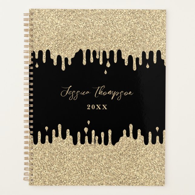 Black & Metallic Gold Drips Signature Script Planner (Front)