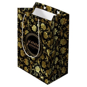 Black & Metallic Gold Floral Damasks 2 Medium Gift Bag