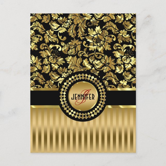 Black & Metallic Gold Floral Damasks & Stripes Postcard (Front)