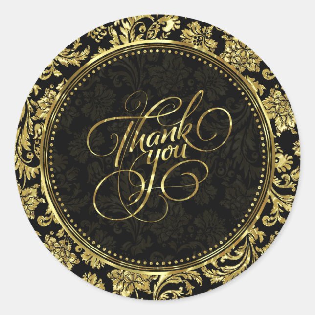 Black & Metallic Gold Floral Damasks Thank You 2a Classic Round Sticker (Front)