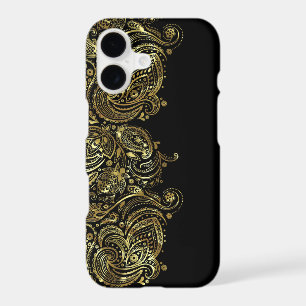 Black & Metallic Gold Print Floral Lace