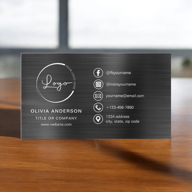 Black Metallic Minimalist Logo Social Media Icons Business Card (Creator Uploaded)