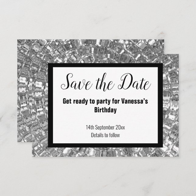BLACK METALLIC PARTY SAVE THE DATE White Announcement (Front/Back)