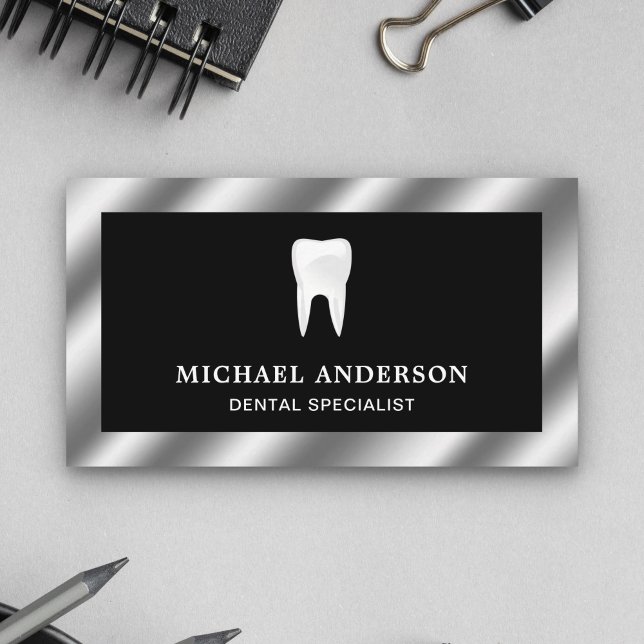Black Metallic Steel Tooth Dental Clinic Dentist Business Card (Creator Uploaded)