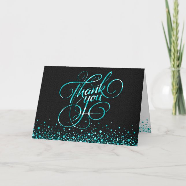Black &Metallic Teal Random Circle Thank You Card (Front)