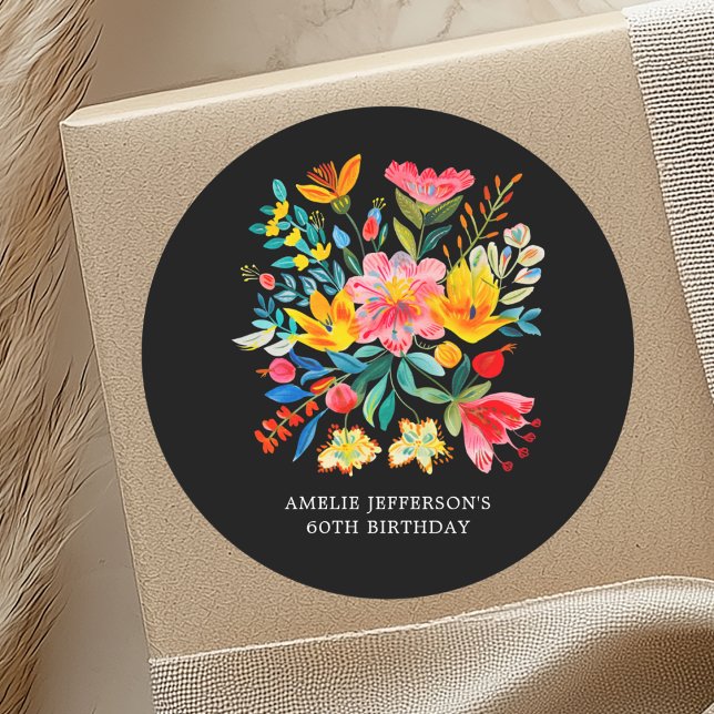 Black Mexican Bright Floral Fiesta Favour Classic Round Sticker (Creator Uploaded)