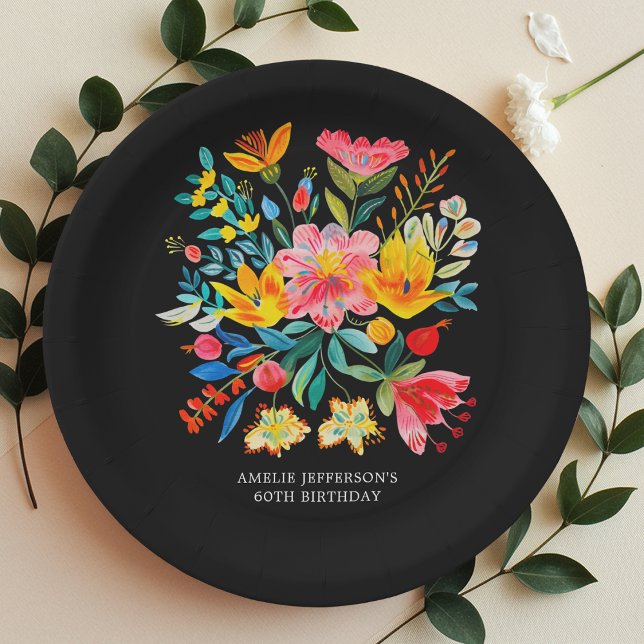 Black Mexican Bright Floral Fiesta Paper Plate (Creator Uploaded)