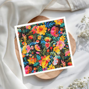 Black Mexican Bright Floral Fiesta Party Napkin