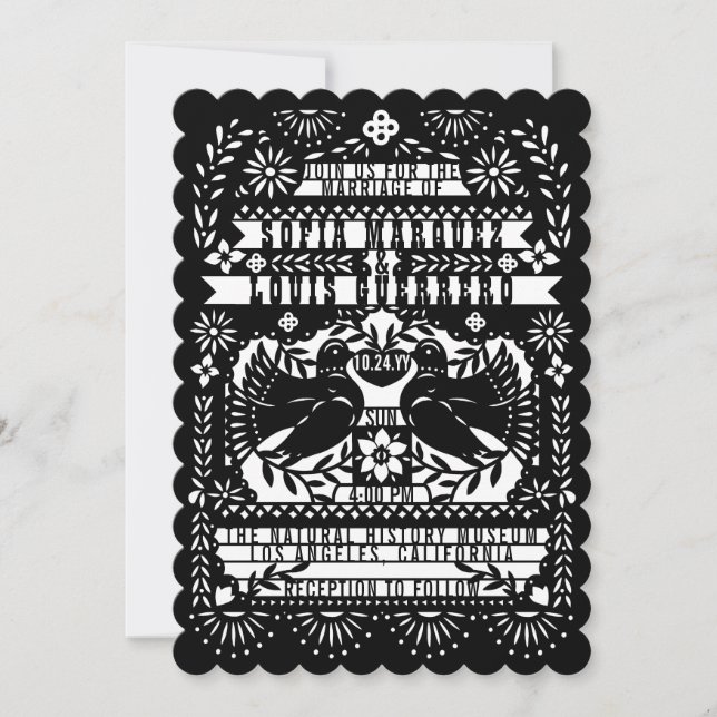 Black Mexican Fantail Doves Papel Picado Wedding Invitation (Front)