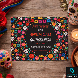 Black Mexican Fiesta Floral Gold Tiara Quinceañera Announcement Postcard