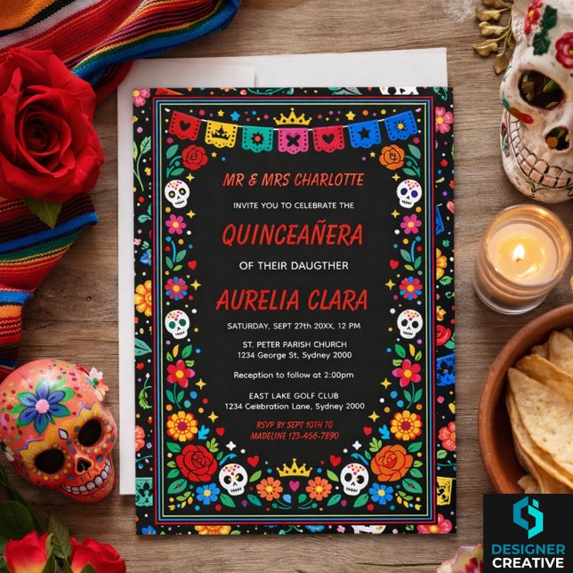 Black Mexican Fiesta Floral Gold Tiara Quinceañera Invitation (Black Mexican Fiesta Floral Gold Tiara Quinceañera )