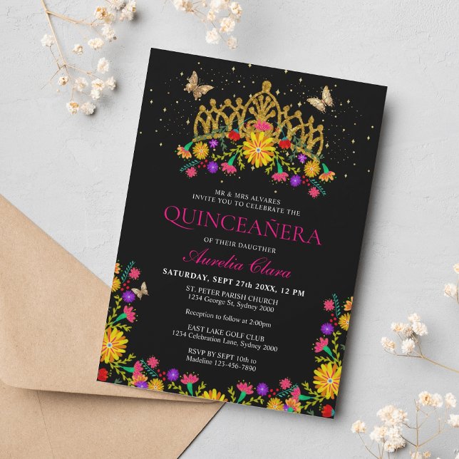 Black Mexican Fiesta Floral Gold Tiara Quinceanera Invitation (Creator Uploaded)