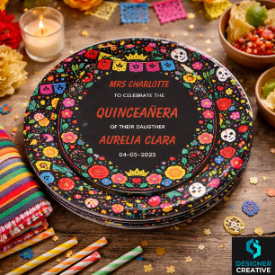 Black Mexican Fiesta Floral Gold Tiara Quinceañera Paper Plate
