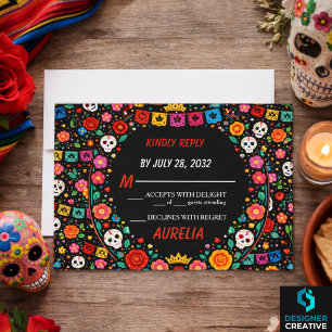 Black Mexican Fiesta Floral Gold Tiara Quinceañera RSVP Card