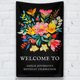 Black Mexican Fiesta Floral Party Welcome Banner