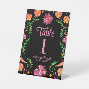 Black Mexican Fiesta Floral Wedding Table Number  Pedestal Sign