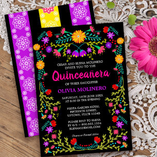 Black Mexican Fiesta Folk Art Floral Quinceanera Invitation