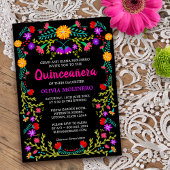 Black Mexican Fiesta Folk Art Floral Quinceanera Invitation