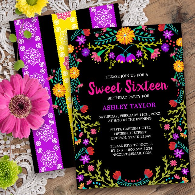 Black Mexican Fiesta Folk Art Floral Sweet Sixteen Invitation (Sweet 16 invitation from my Mexican Fiesta Floral collection
)