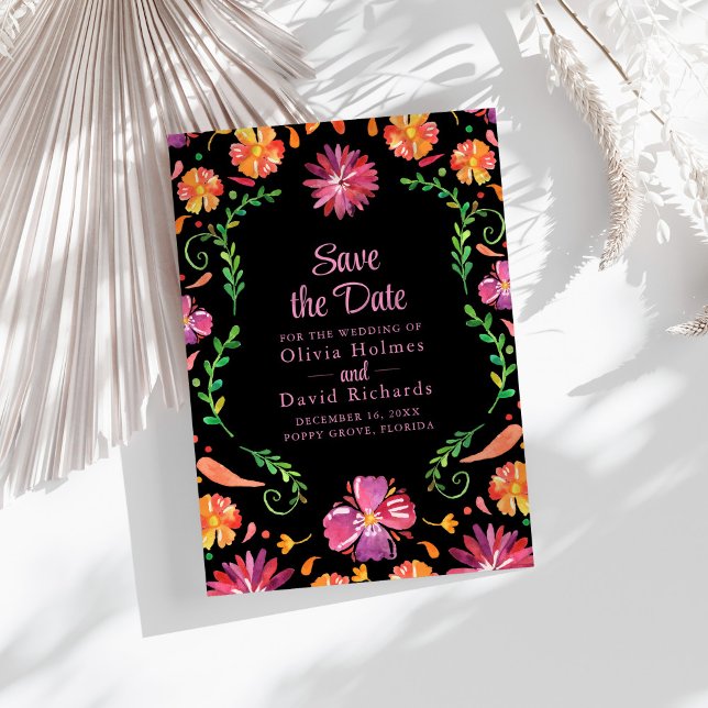 Black Mexican Floral Fiesta Save the Date Invitation (Black Mexican Floral Fiesta Save the Date Invitation on a sunny boho white table.)