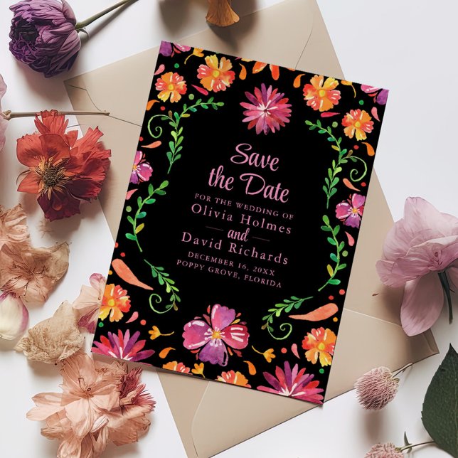 Black Mexican Floral Fiesta Save the Date Invitation (Black Mexican Floral Fiesta Save the Date Invitation on a wedding table with colorful flowers.)