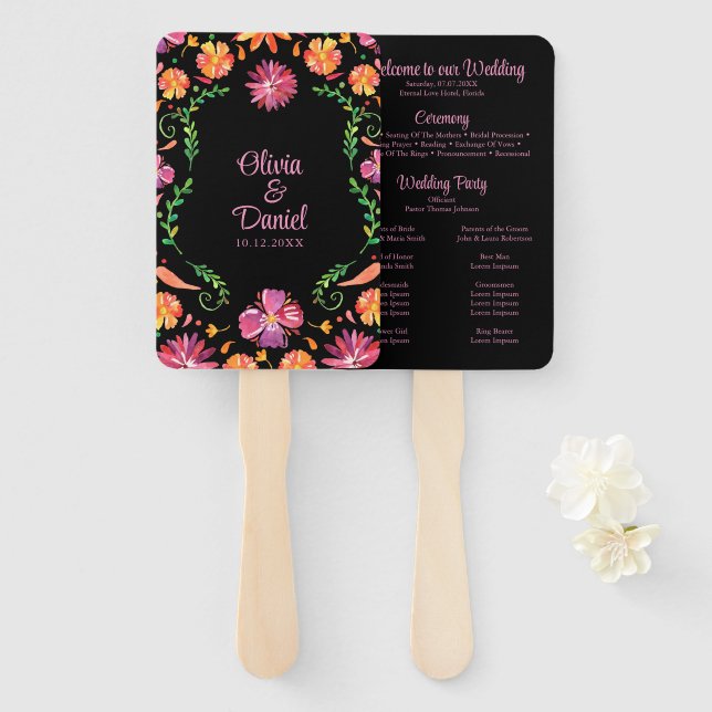 Black Mexican Floral Fiesta Wedding Program Hand Fan (Front and Back)