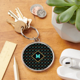 black mid century modern abstract retro initial key ring
